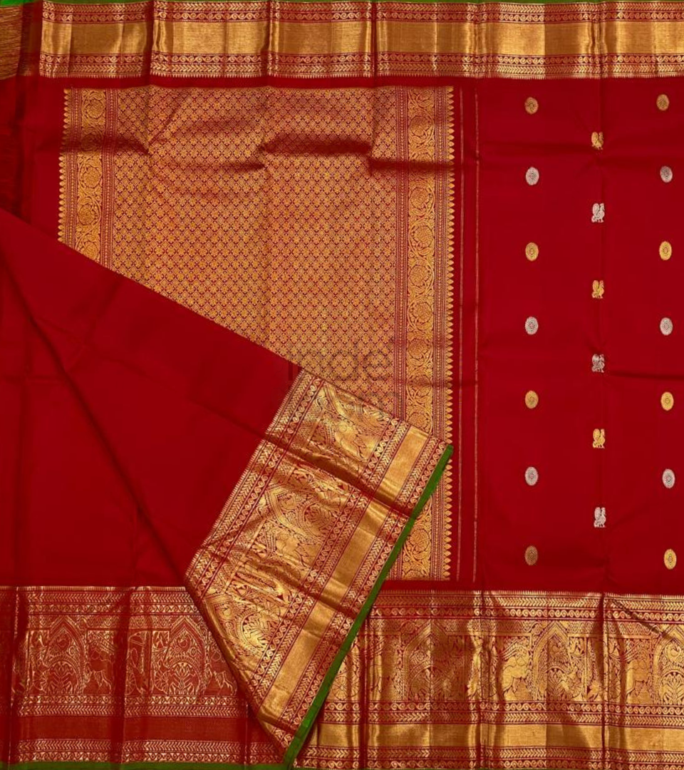 Pure Red with Silver and Gold Dots with  Golden Zari Kanjivaram Silk Saree-017