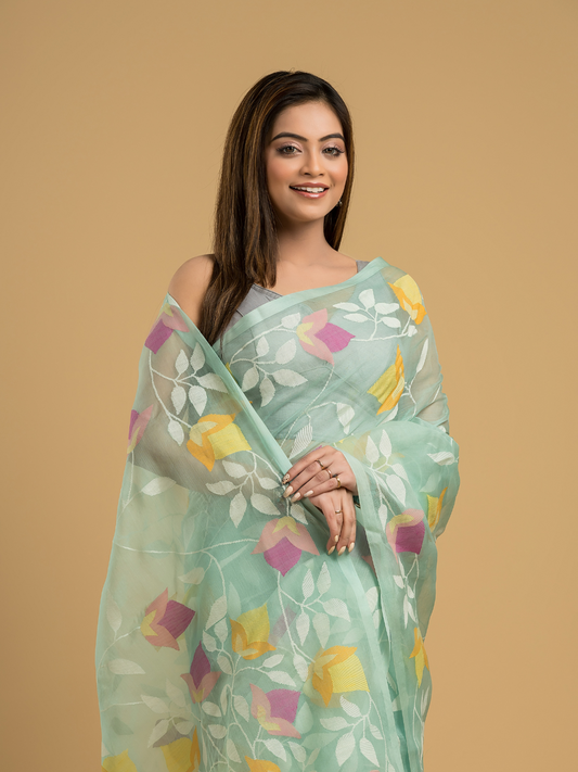 Mint Green Matka Silk Jamdani Saree - 043