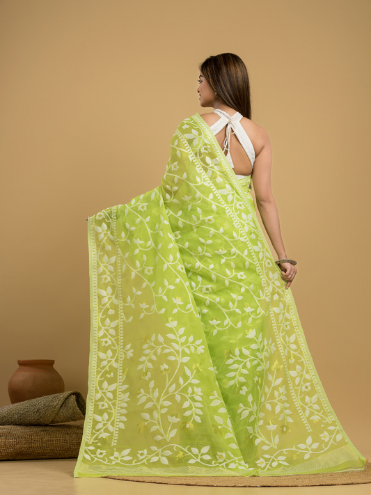 Pear green Cotton Silk Jamdani Saree - 007