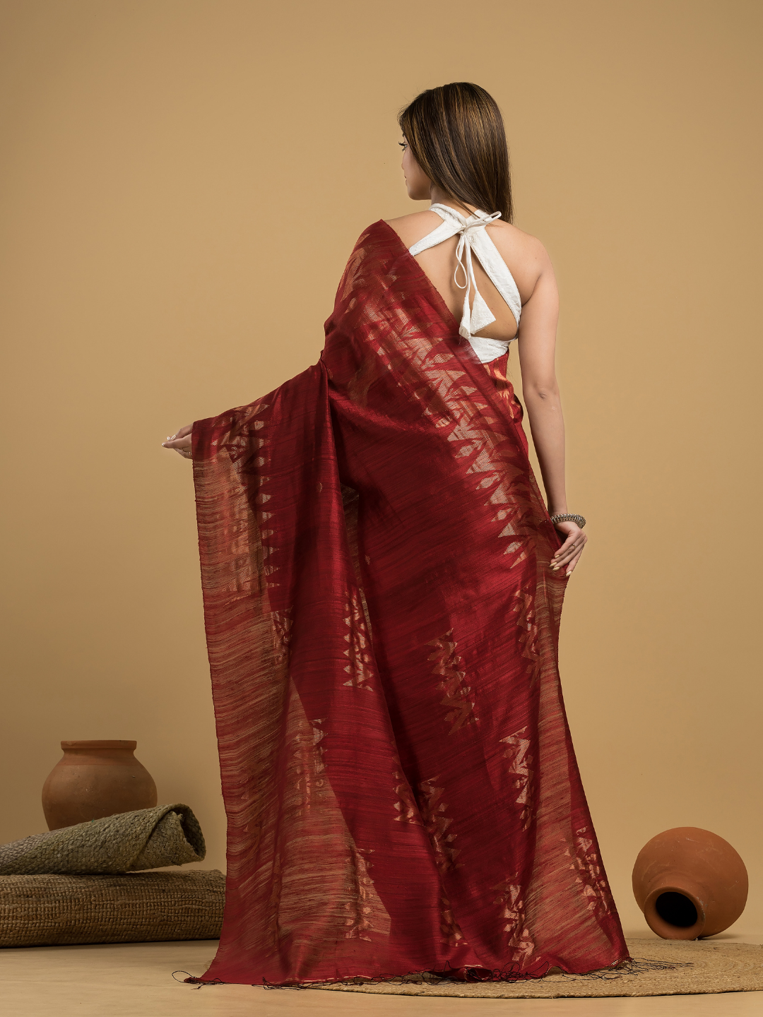 Blood Red Matka Silk Jamdani Saree - 050