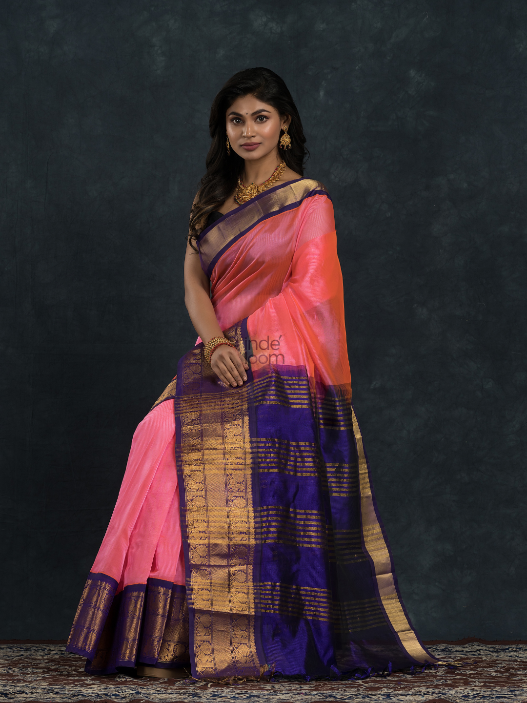 Korvai Saree Hot Pink with Golden Blue Border - 112