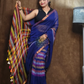 Handloom Linen Checks Saree with Blue and Multicolor Stripes Pallu-014