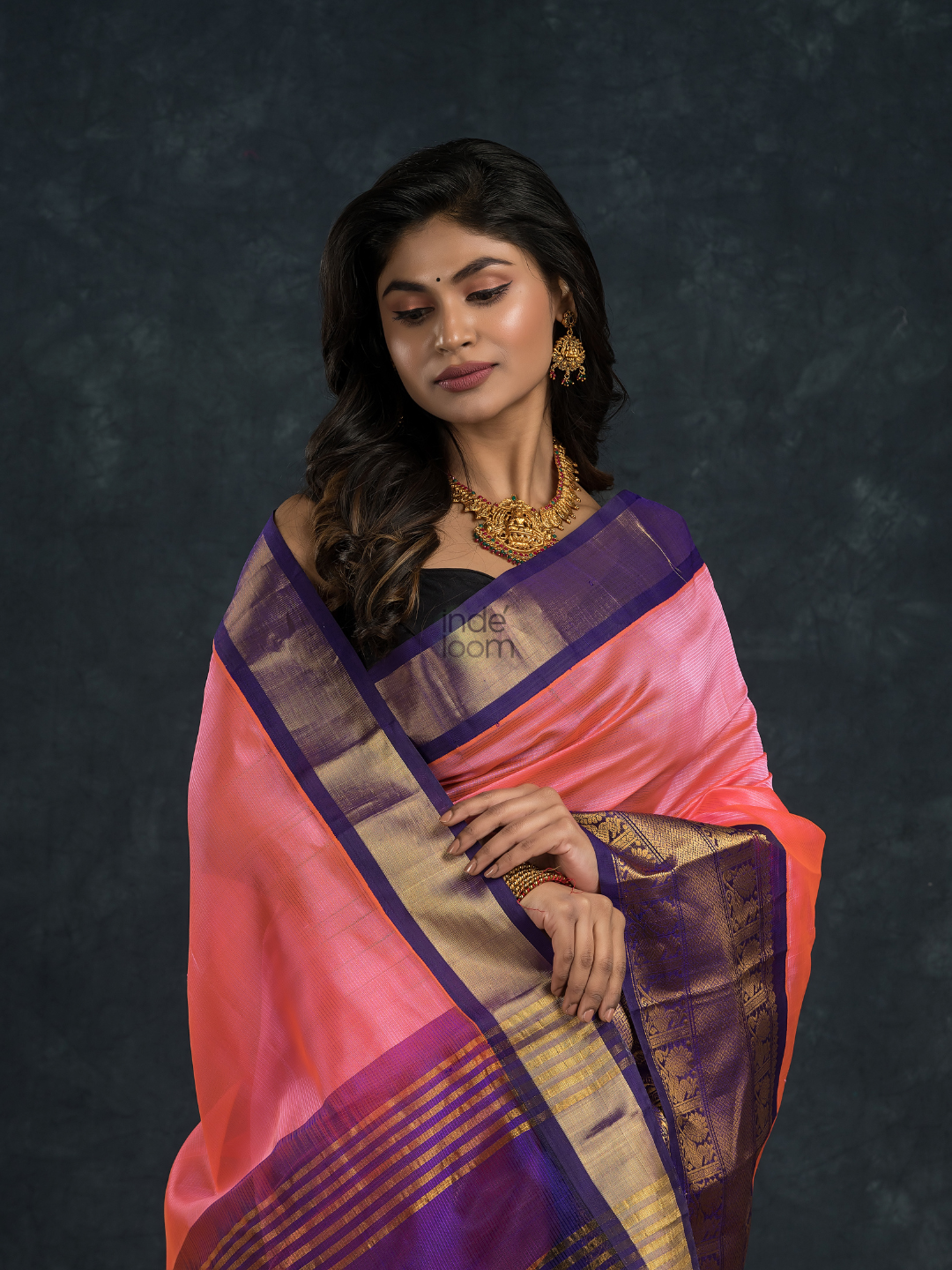 Korvai Saree Hot Pink with Golden Blue Border - 112