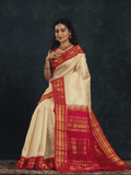 Pure Handloom Korvai Silk Cotton Saree in Rich Cream and Red Border with small Zari checks - 122