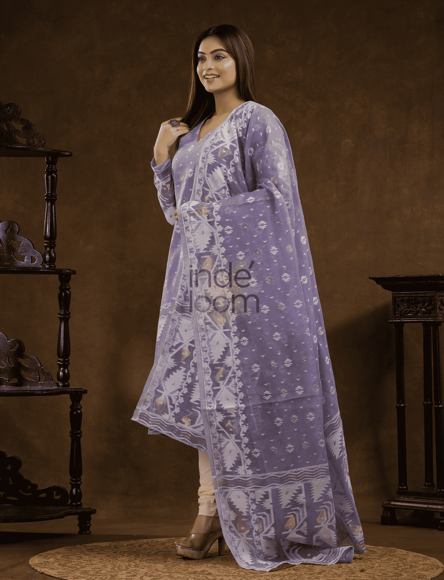 Lavender Purple Cotton Silk Jamdani 2-Piece Set Kurti & Dupatta (UNSTITCHED) - 380