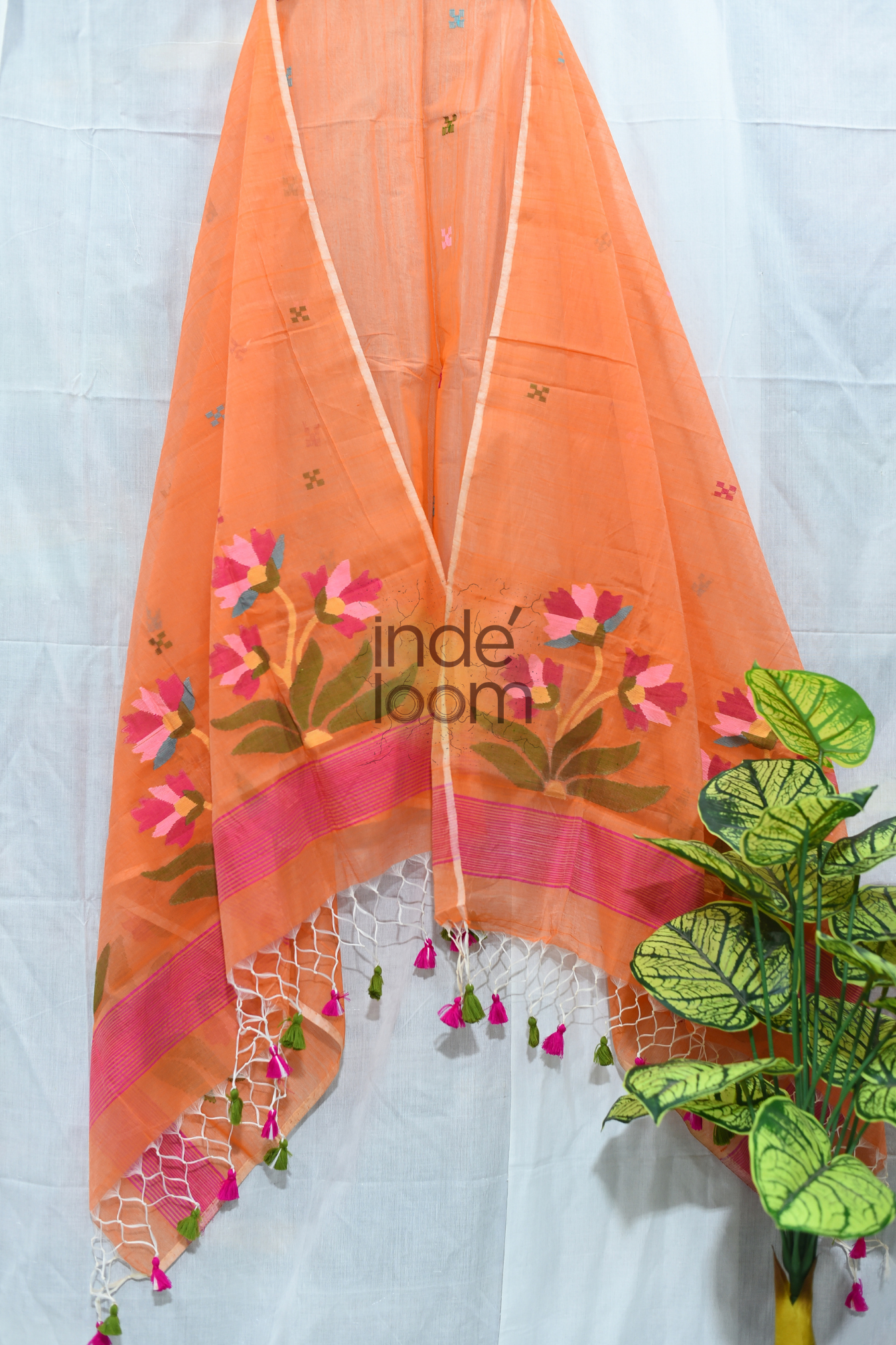 Muslin  Jamdani 2 Piece Set Kurti & Dupatta with Bright Orange - 168