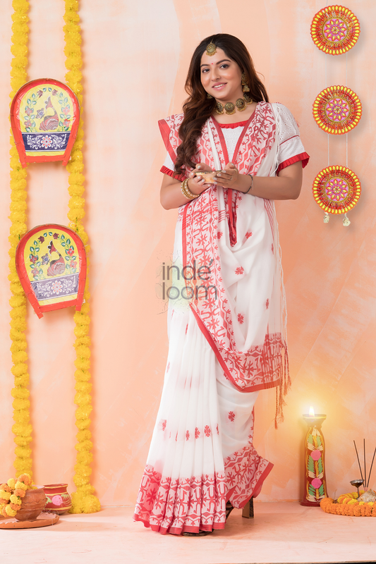 Dewali Saree with Big Red Embroidery Border.-037