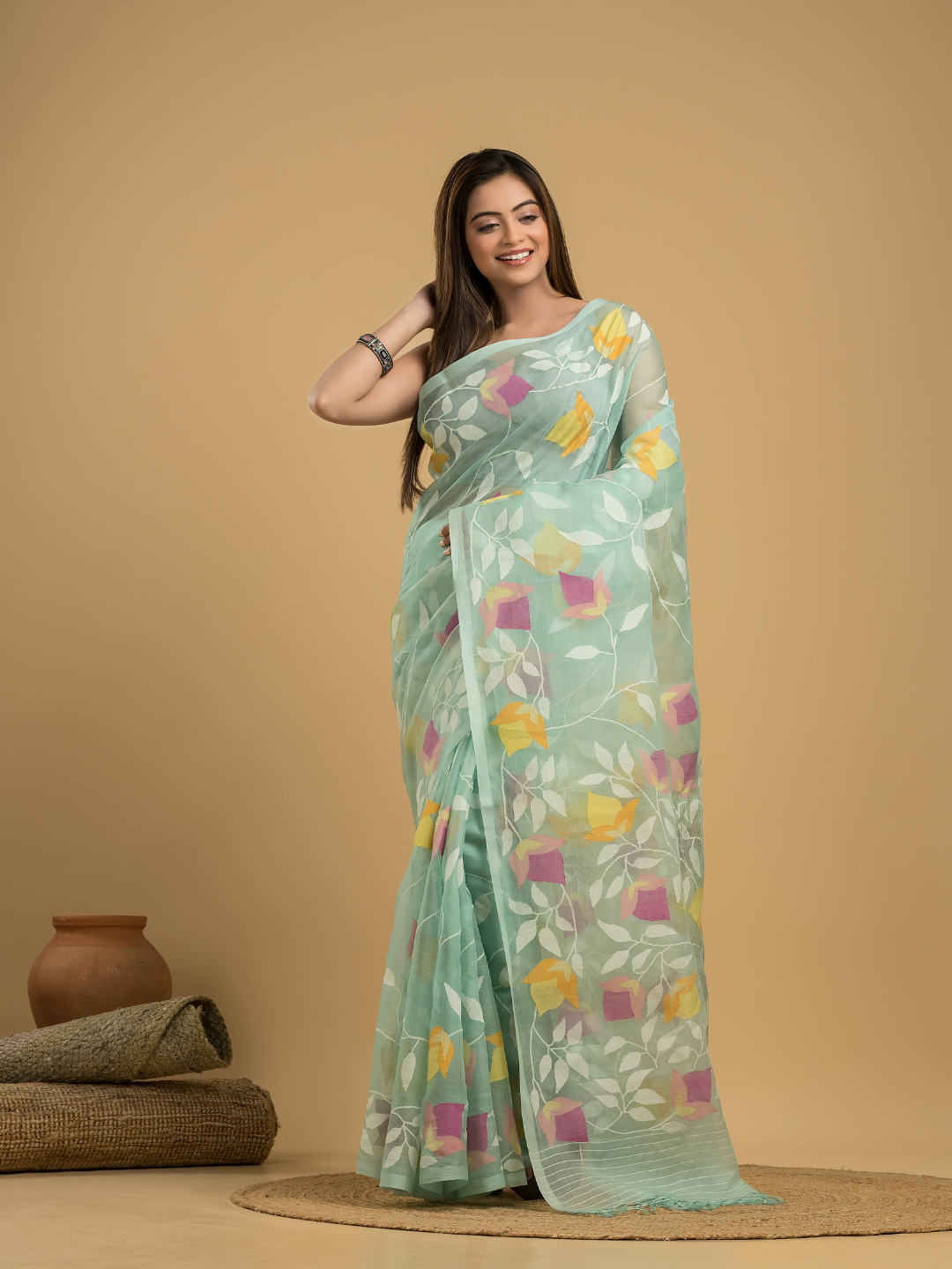 Mint Green Matka Silk Jamdani Saree - 043