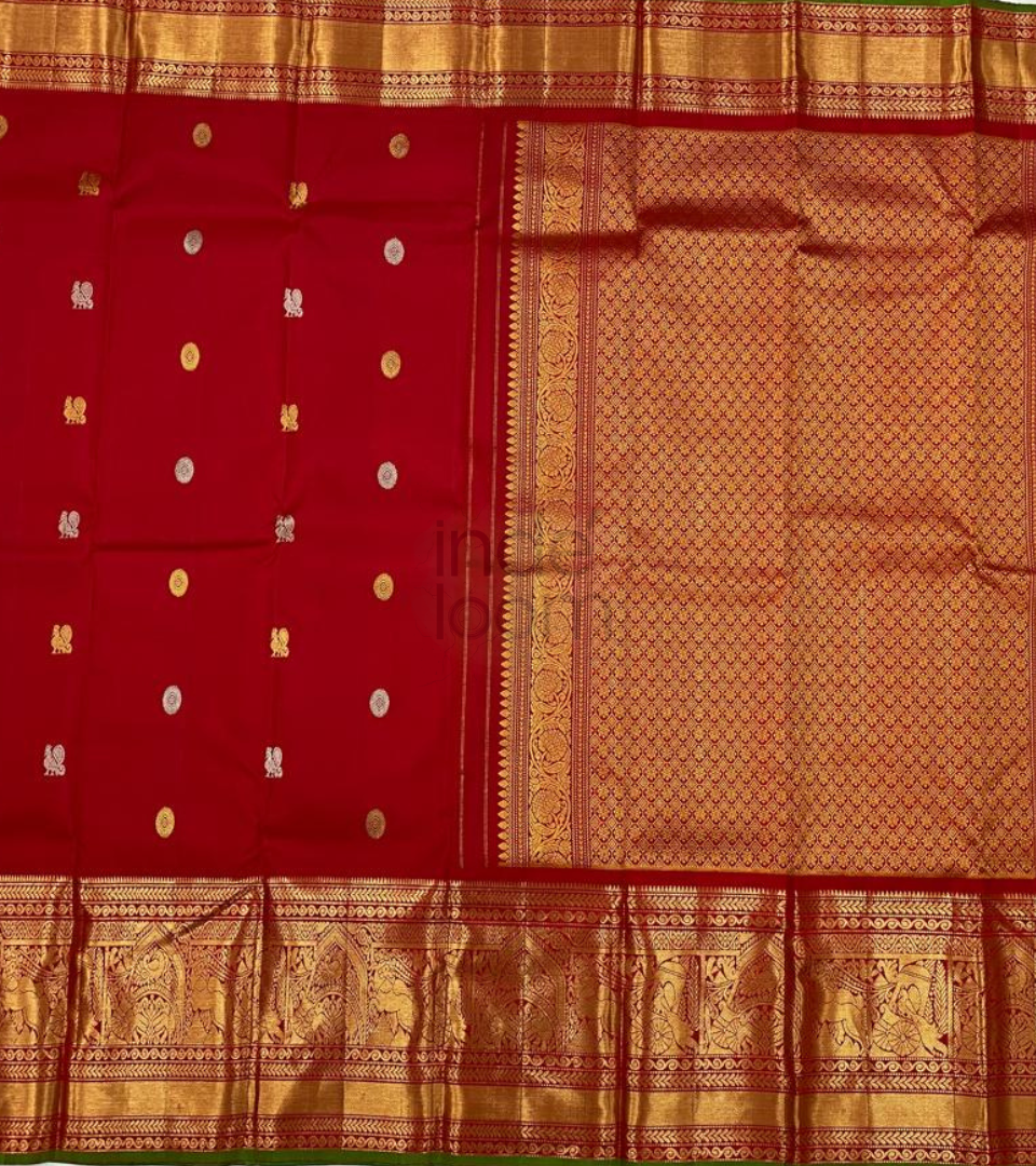 Pure Red with Silver and Gold Dots with  Golden Zari Kanjivaram Silk Saree-017