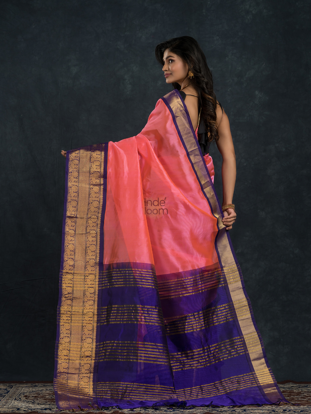 Pure Handloom Korvai Silk Cotton Saree in Hot Pink with Golden Blue Border - 112