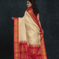 Pure Handloom Korvai Silk Cotton Saree in Rich Cream and Red Border with small Zari checks - 122