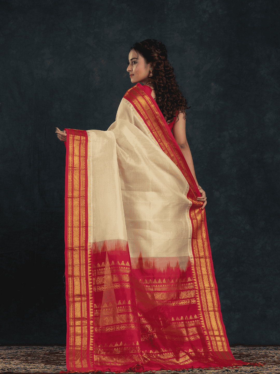 Pure Handloom Korvai Silk Cotton Saree in Rich Cream and Red Border with small Zari checks - 122