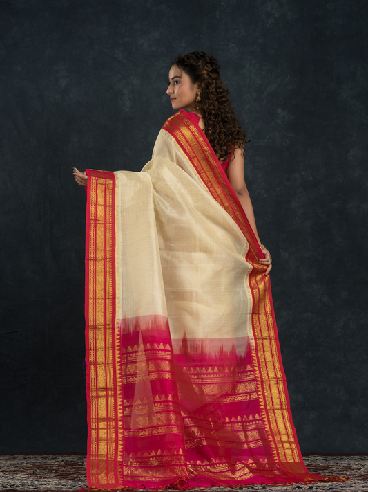 Korvai Saree with small Zari checks Lace White With Pink  Border - 122