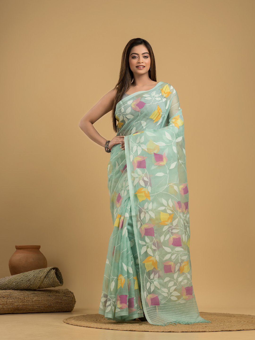 Mint Green Matka Silk Jamdani Saree - 043