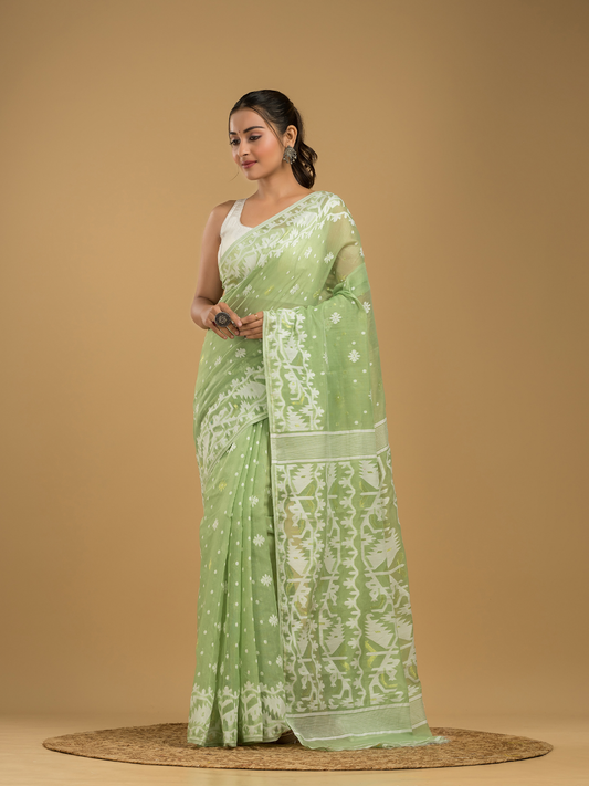 Light Green Soft Silk Jamdani Saree - 008