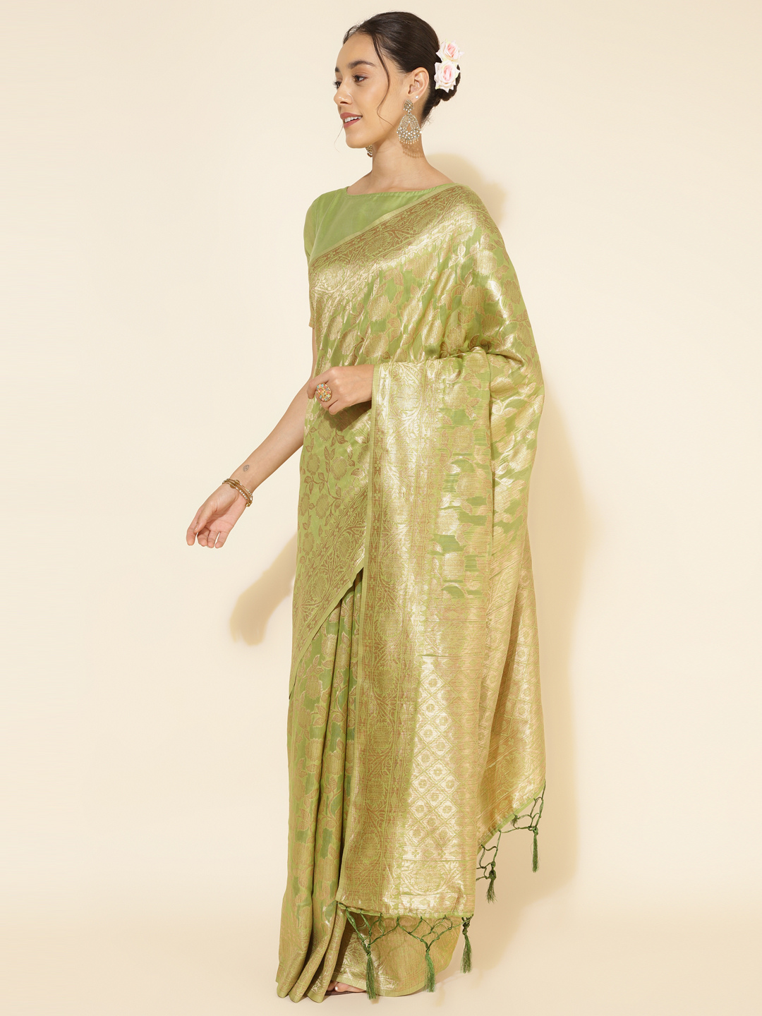 Benarasi Precision Loom Saree In Pear Green (Precision Looms)- 009