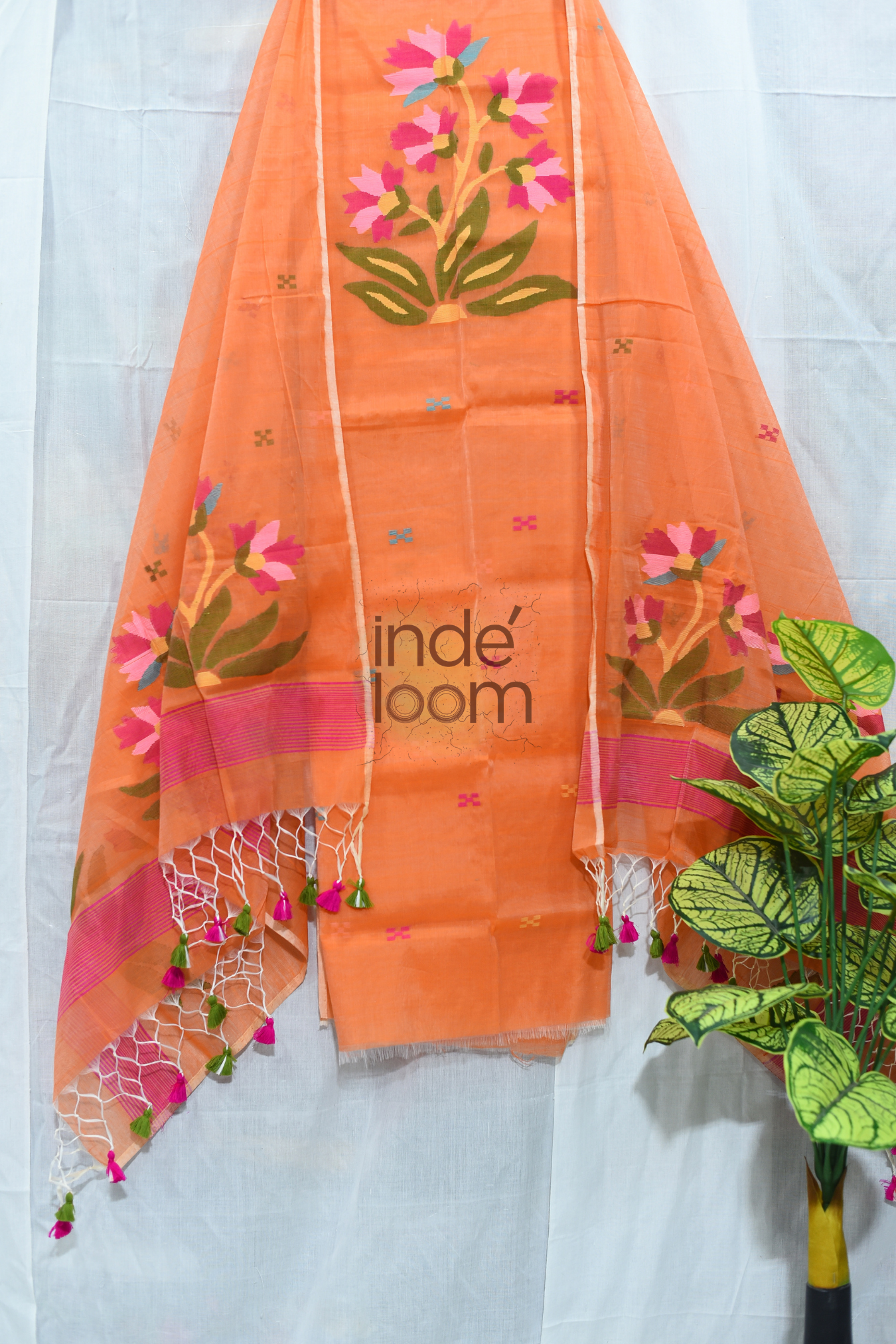 Muslin  Jamdani 2 Piece Set Kurti & Dupatta with Bright Orange - 168