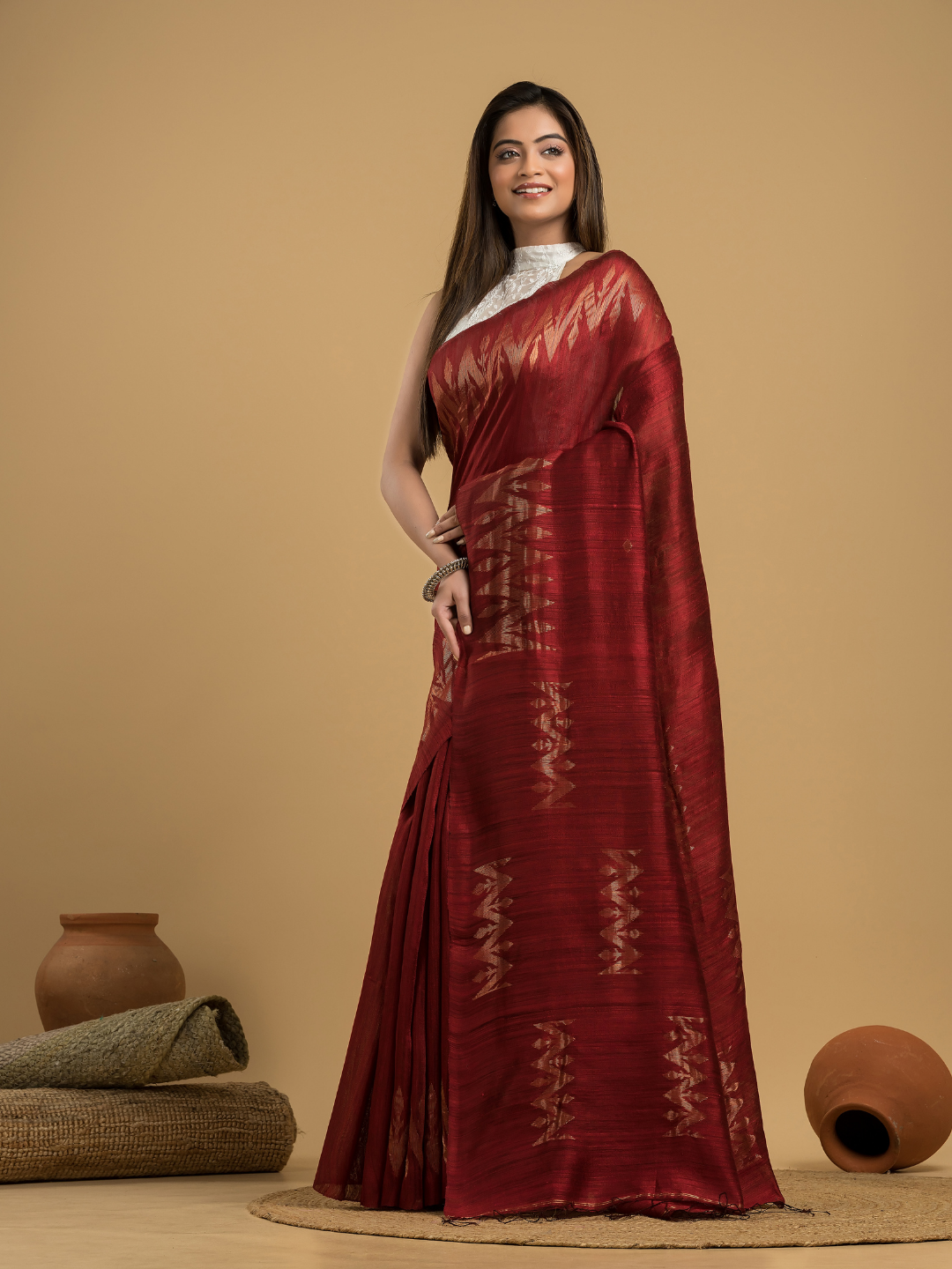 Blood Red Matka Silk Jamdani Saree - 050