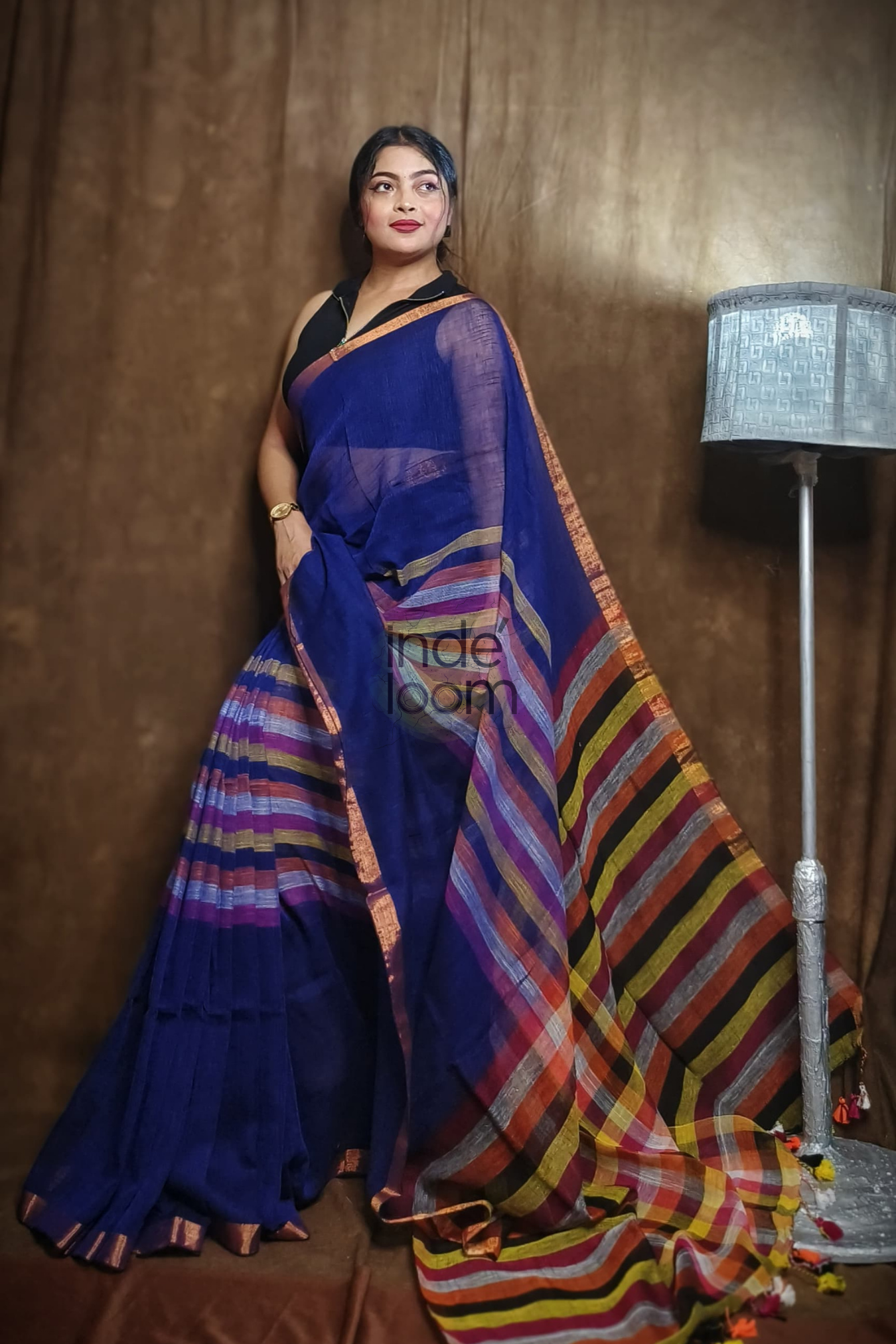 Handloom Linen Checks Saree with Blue and Multicolor Stripes Pallu-014