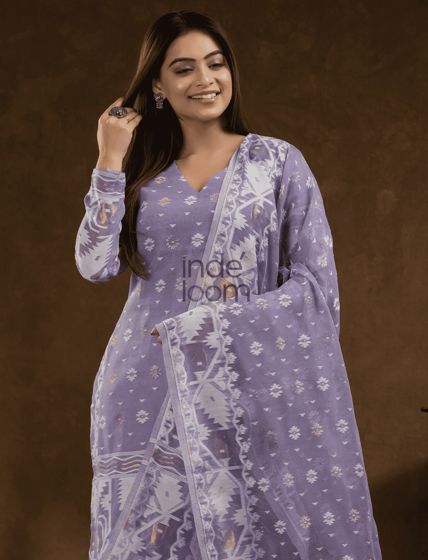 Lavender Purple Cotton Silk Jamdani 2-Piece Set Kurti & Dupatta (UNSTITCHED) - 380