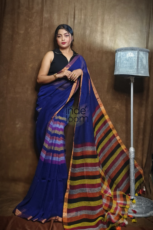 Handloom Linen Checks Saree with Multicolor Stripes-007