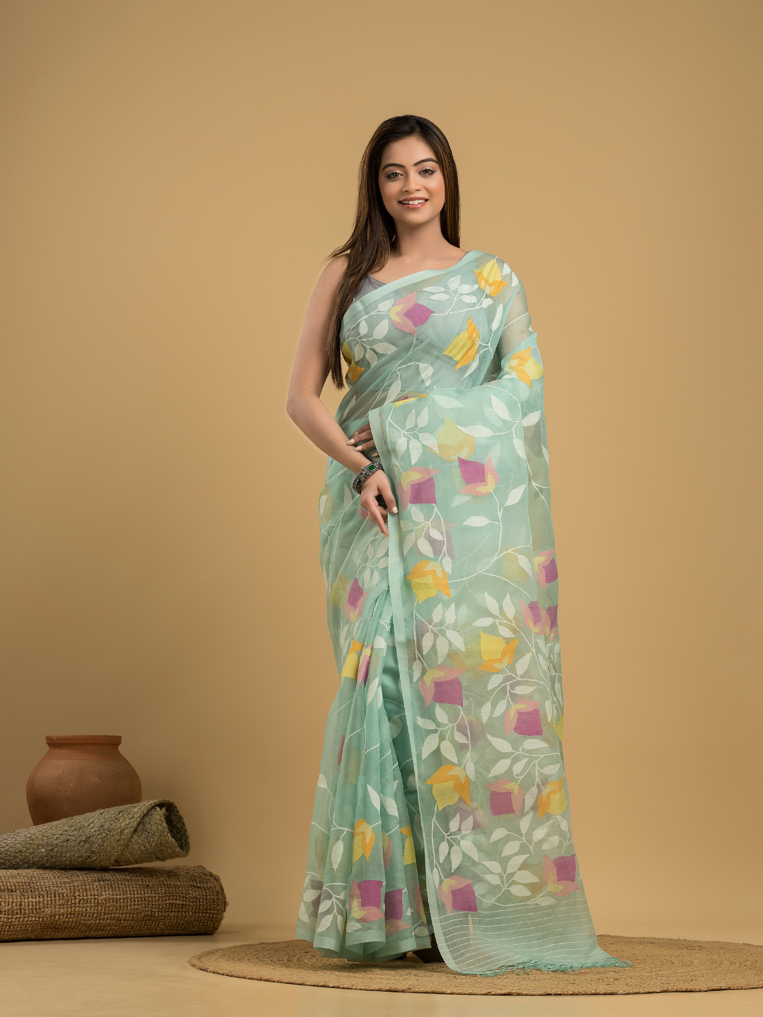 Mint Green Matka Silk Jamdani Saree - 043