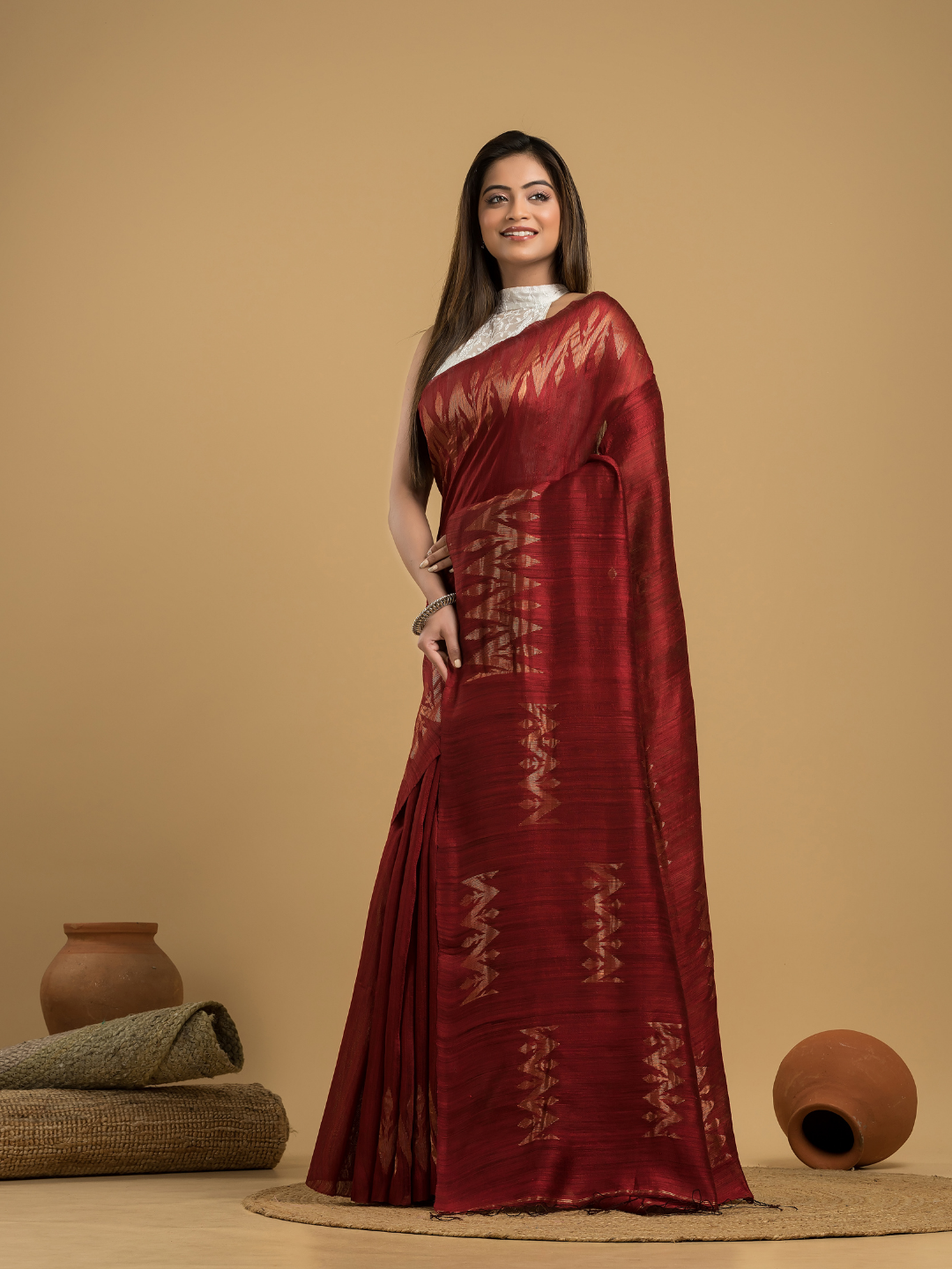 Blood Red Matka Silk Jamdani Saree - 050