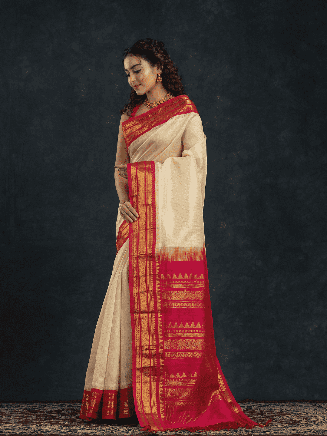 Pure Handloom Korvai Silk Cotton Saree in Rich Cream and Red Border with small Zari checks - 122