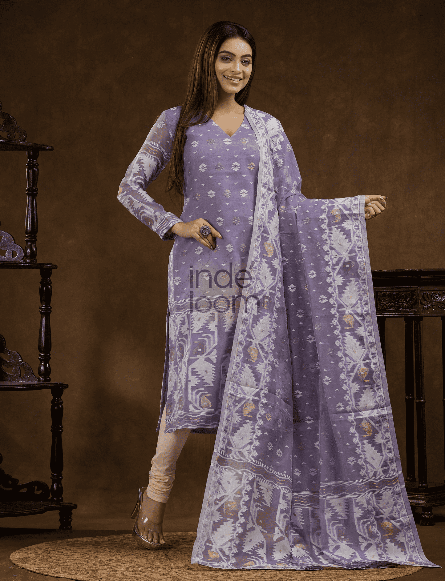 Lavender Purple Cotton Silk Jamdani 2-Piece Set Kurti & Dupatta (UNSTITCHED) - 380