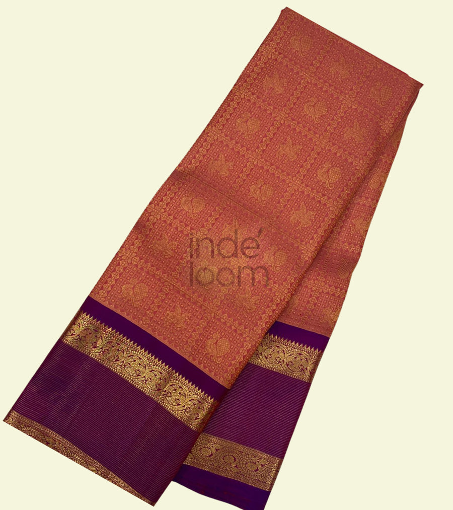 Orange with Purple Border and Zari Pallu Kanjivaram Silk Saree-020