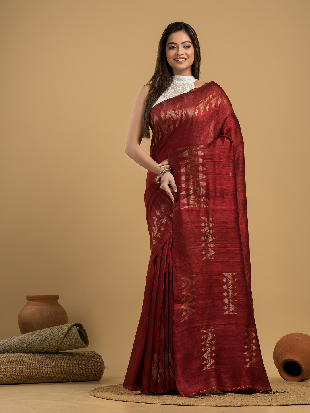 Blood Red Matka Silk Jamdani Saree - 050