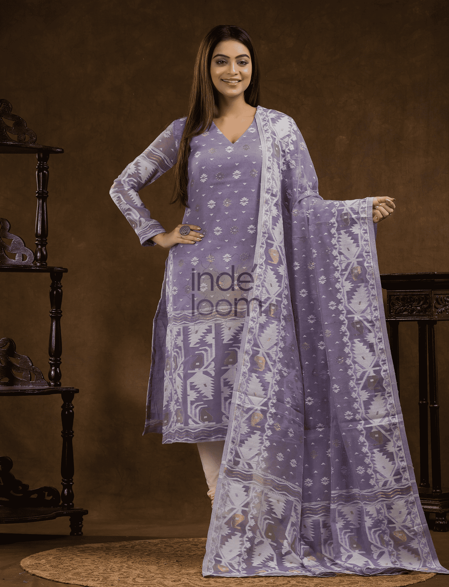 Lavender Purple Cotton Silk Jamdani 2-Piece Set Kurti & Dupatta (UNSTITCHED) - 380