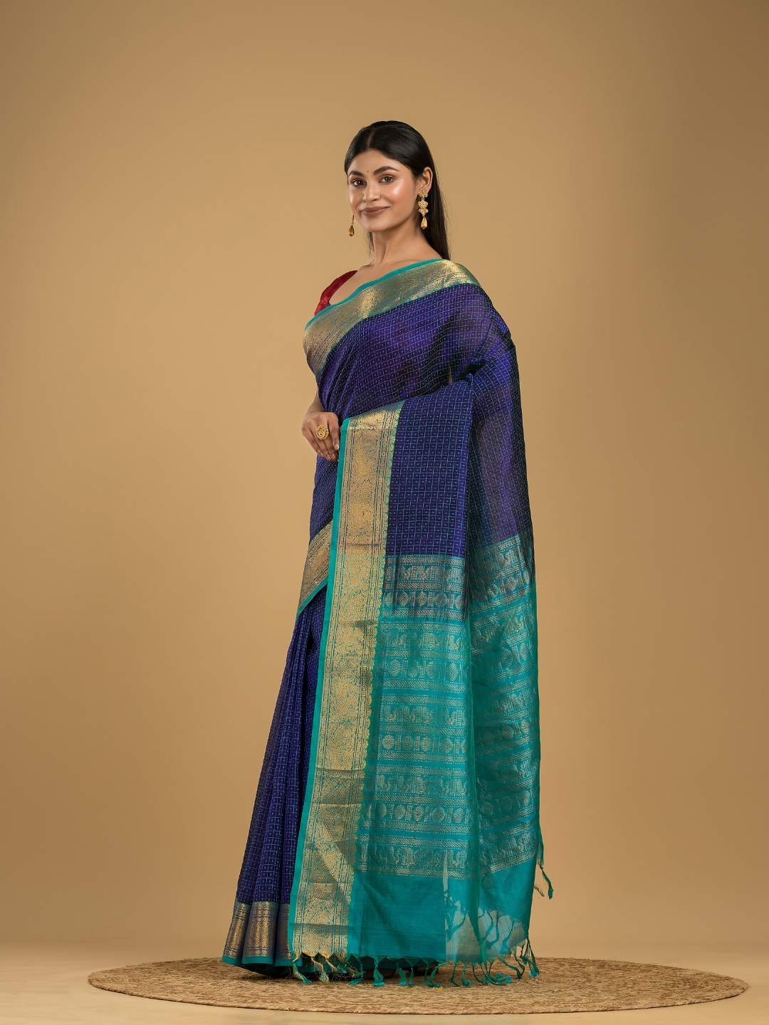 Pure handloom Korvai Silk Cotton Lakshadeepam Saree in Berry Blue and Baby Blue Border - 125