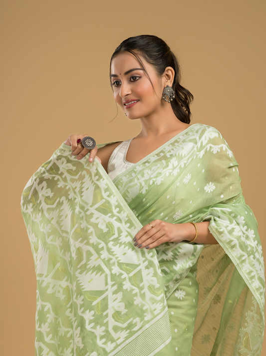 Light Green Soft Silk Jamdani Saree - 008