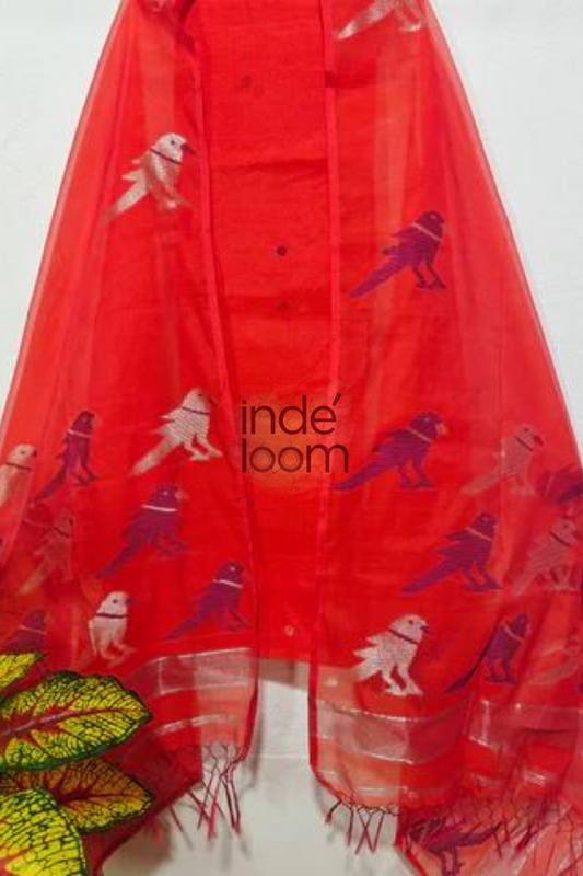 Muslin Jamdani 2 Piece Set Kurti & Dupatta with Rose Red- 268