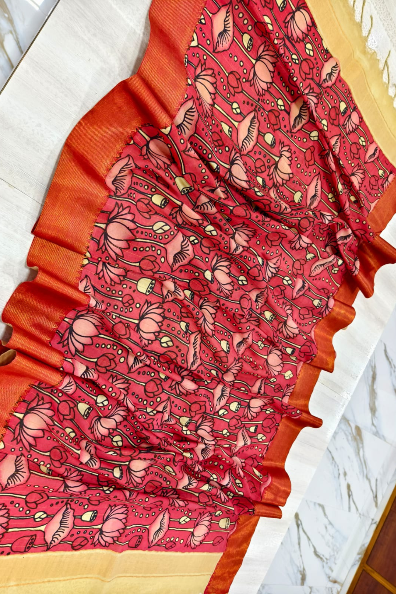 Classic Red Design Bangalore silk Kalamkari Dupatta  -004