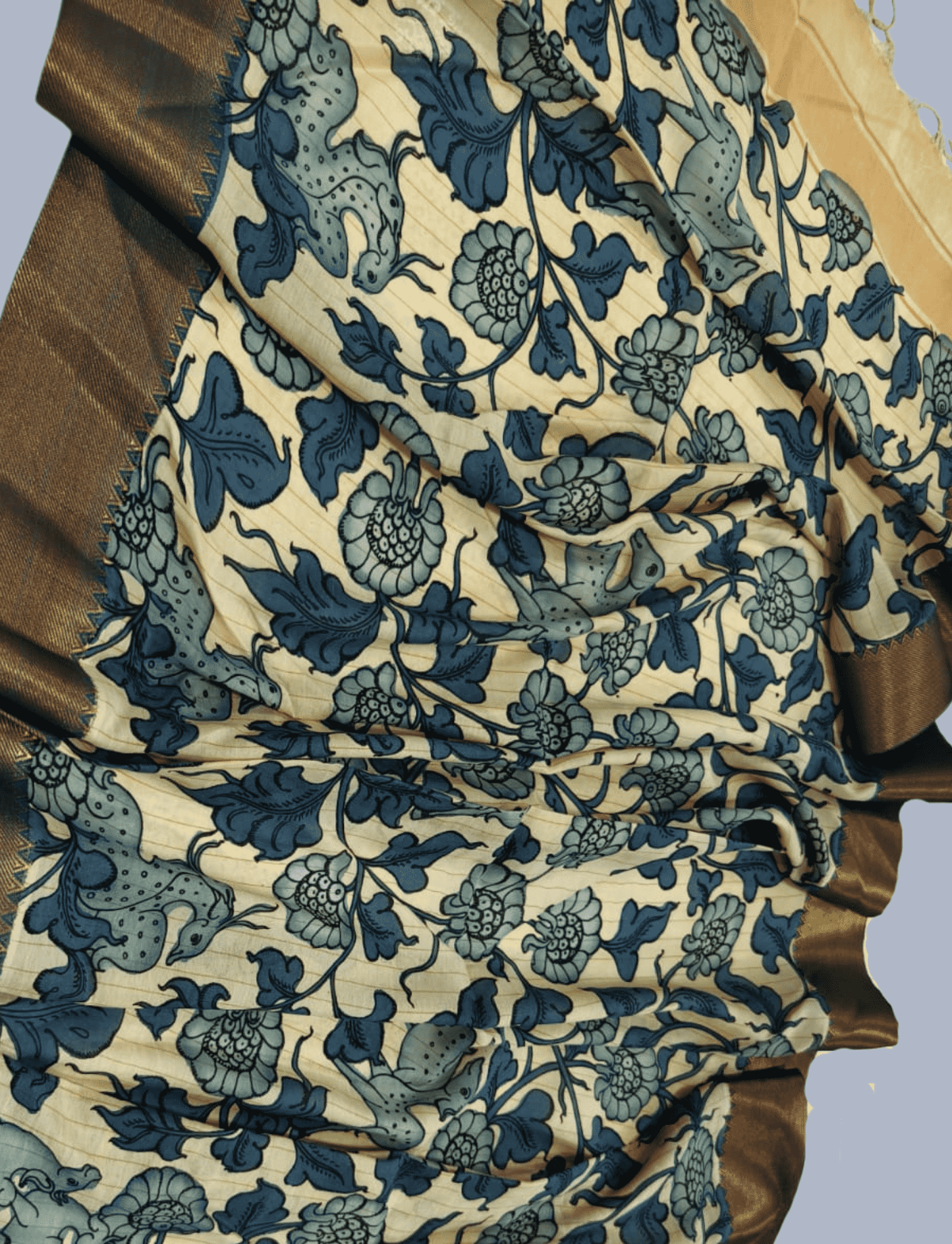 Bangalore Silk Pen kalamkari dupatta in Pale Yellow -041 - indeloom