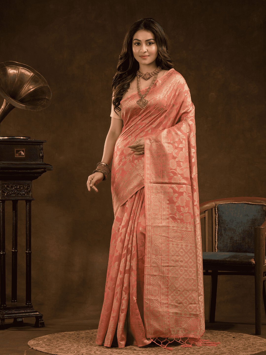 Chanderi Silk Floral Saree in Peach Pink (Precision Looms) -010