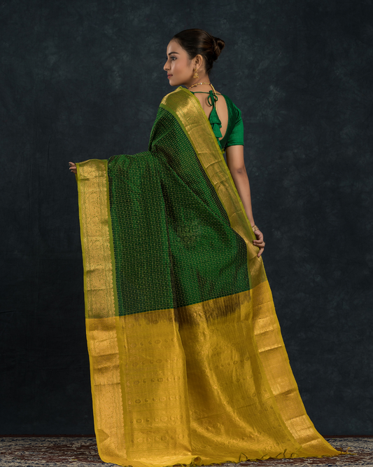 Pure Handloom Korvai Silk Cotton Kattam Saree in Leaf Green with Gold Border - 142