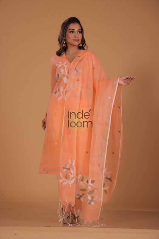 Muslin Jamdani 2-Piece Set Kurti & Dupatta (UNSTITCHED) - Pale Orange - 077