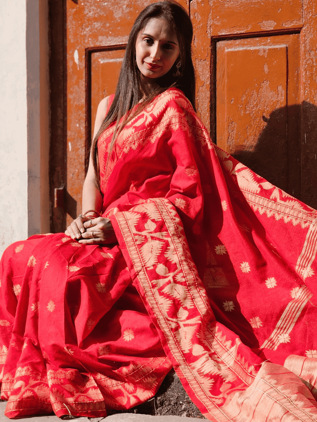 Classic Red Cotton Silk Jamdani Saree - 018 - indeloom