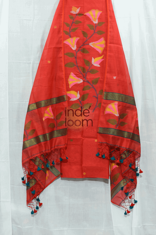 Cotton Jamdani 2 Piece Set Kurti & Dupatta with Candy Red - 142