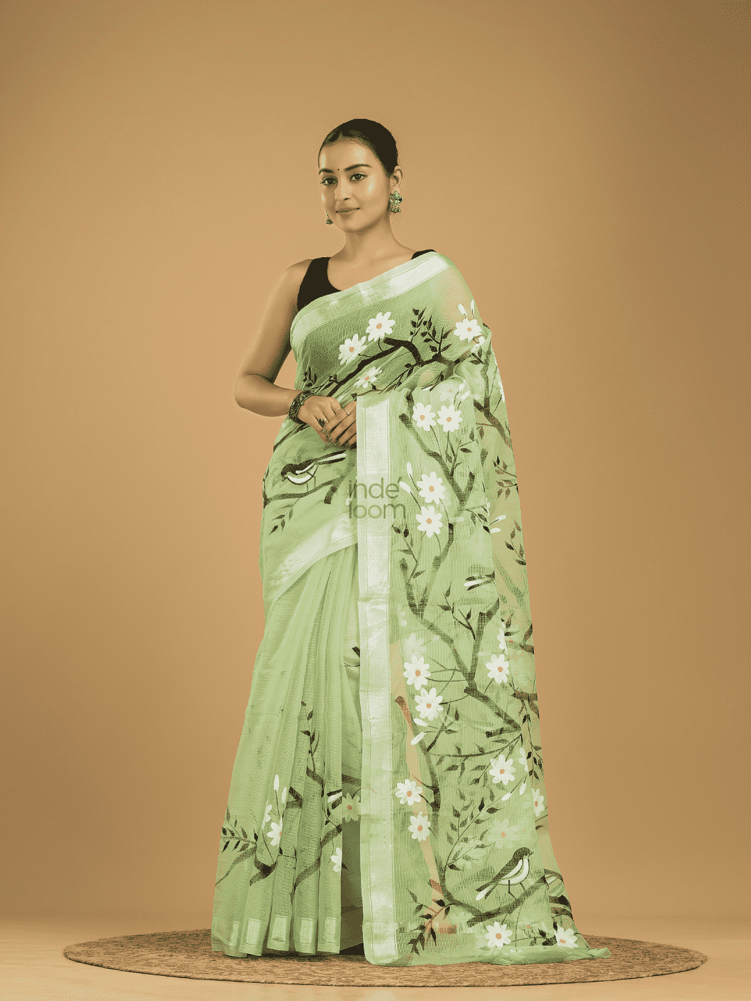 Kota Doria Handpainted  Saree With Mint Green - 001