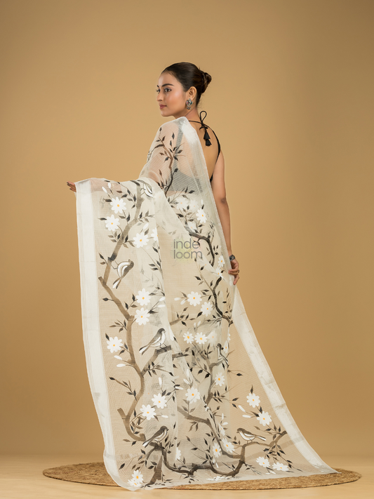 Kota Doria Handpainted Saree With Pearl White - 007