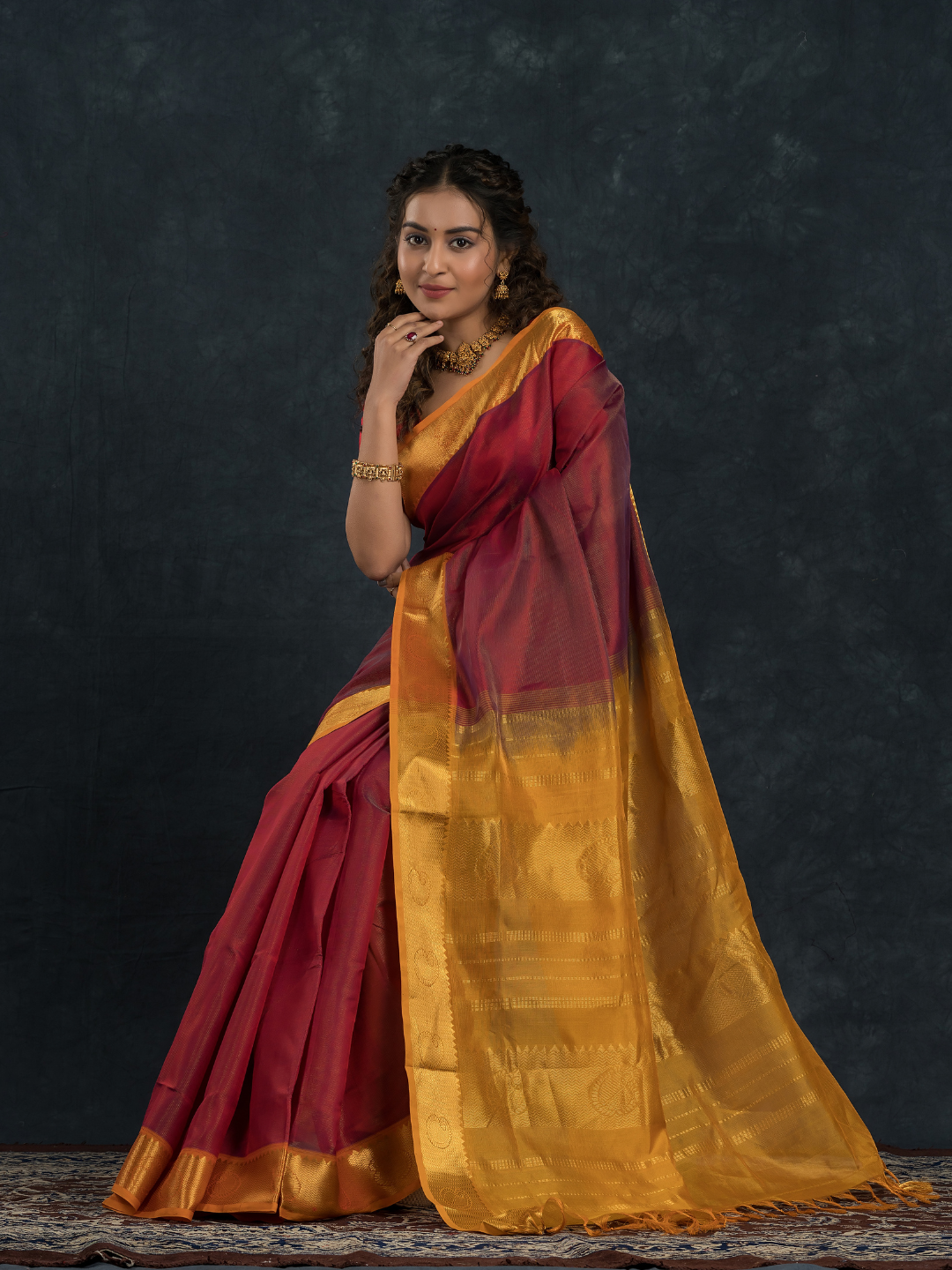 Korvai Saree With Chilli Red and Golden Yellow Border- 023