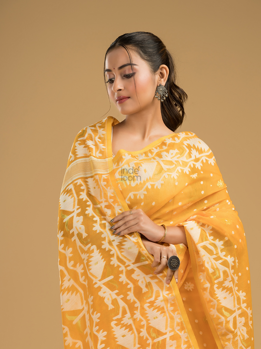 Amber Orange Cotton Silk Jamdani Saree - 001