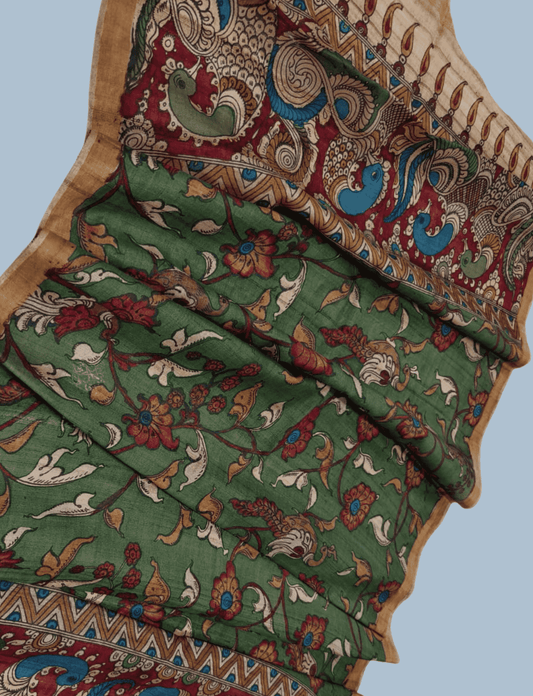 Pen Kalamkari Tussar Silk Dupatta in Jade Green -010