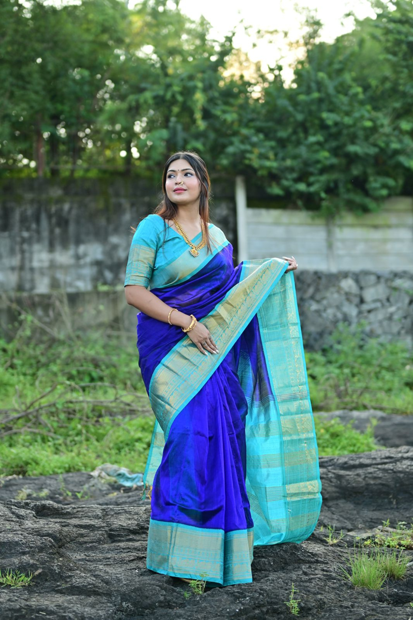 Korvai Saree Royal Blue Cyan Blue Golden Border - 122