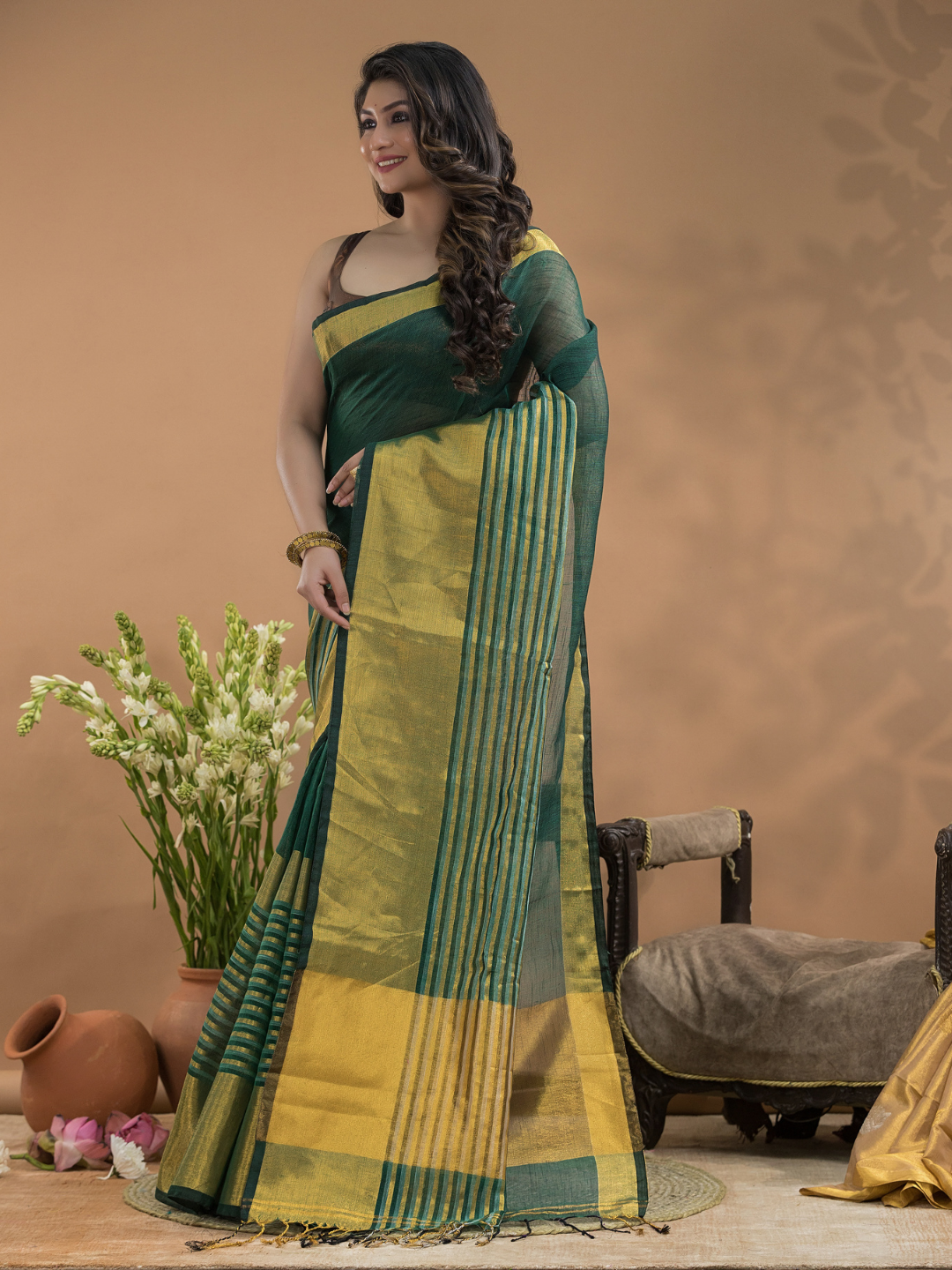 Tissue Silk Saree In Dark Green  -032