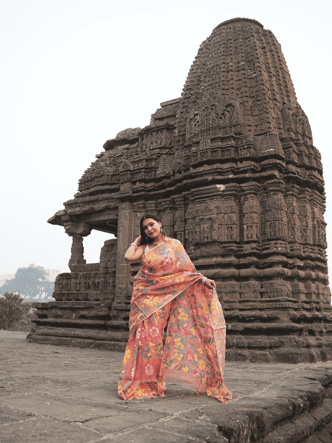 Coral Orange Jamdani Saree - 060 - indeloom